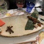 郷土料理ともん - 手作り山葵漬け•赤かぶ•ヤマメの卵•鮎の白子•オイカワの煮付け•イナゴの佃煮