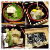 銀座米料亭 八代目儀兵衛 - 湯葉・野菜の天ぷら（紫芋・エリンギ・椎茸・ししとう）・生麩田楽と煮もの・塩海苔（３枚） 
                湯葉は甘みがありますが一口サイズ、生麩が美味しいですよ。 