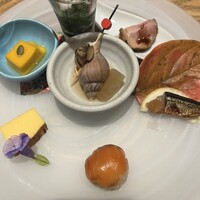 神楽坂 SHUN 分家 - 旬歓の馳走８８００円。モロヘイヤのお浸し、磯つぶ貝旨煮、サーモン手毬寿司、南京豆腐、秋刀魚みりん干し、鴨ロースと無花果の黒ビールソース、玉子チーズ寄せ。