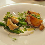 センプリチェ - 熊本産天草天龍鶏のロースト、鞘大根とグリーンピース、フロマージュブランのクリーム添え