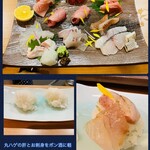 馳走 ひろ - お造り盛り合わせ(丸ハゲ･マグロ3種･きんき･鰆･鯛)薬味と生七味を添えて✨そして下の軽く握られたシャリに丸ハゲの肝とお刺身を乗せてお鮨風が絶品✨