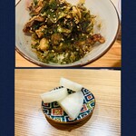 馳走 ひろ - 天丼 ムカゴ 玉ねぎみつば、天然鯛✨かき揚げ天丼と香の物✨少ししっかり目のお味付け✨