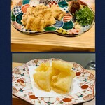 馳走 ひろ - 京豆腐とようけ屋山本の揚げを使ったエレベーター✨(カリッと表面を焼いた「油揚げ」（関西圏では「薄揚げ」）に、「大根おろし」をのせた一品のこと)と下が淡路産玉ねぎの天ぷら✨