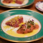 三和 - 塩釜本マグロのカルパッチョ　異なる酸味を食べ比べ