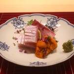 日本料理 吟 - 氷見寒ぶりと昆布森産ウニ「黄上」の盛合せ