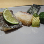 野嵯和 -  八寸、太刀魚の照り焼き、金目鯛の寿司