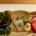 ひろ作 - 鯛の昆布締め大徳寺納豆と紫蘇巻きでーす。