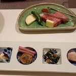 ゆのごう美春閣 - 前菜たち。黒毛和牛たまらんかった〜。