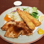洋食 つちや - 海老フライと豚の生姜焼き盛り合わせ定食（1450円）