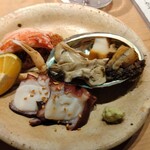 すしやのたい悟 - 大将のお任せ盛り合わせ・せいこかに甲羅詰め、蝦夷鮑蒸し煮、三陸牡蛎のさっと煮、蛸の桜煮