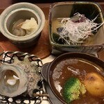 網元の宿 ろくや - 焼き八寸　サザエの壺焼、秋刀魚と茄子の抱き合せ等