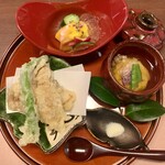 網元の宿 ろくや - 先付　海老と柿の黄身酢掛け、のどぐろ天ぷら等