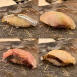 鮨さかもと - さよりの昆布締め
      カワハギと肝
      黒ムツ
      さわら