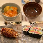 鮨さかもと - ウニいくら丼
      しじみのお味噌汁
      穴子
      トロたく