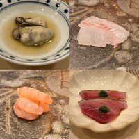 鮨さかもと - 牡蠣
                    ひらめの刺身
                    甘エビの昆布締め
                    すまがつお