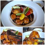 中華料理 頤和園 - ＊豚肉は一口強程度の大きさの品がたっぷり入り、他に茄子やパプリカ、玉葱、なぜか胡瓜も。 豚肉自体も柔らかく脂身を感じず美味しいのですけれど、 黒酢を好まない私でもこの餡は美味しいと思いましたよ。(ﾉ∇≦*)