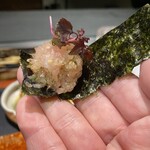 薪炭まだら - 京赤地鶏を昆布締めしたなめろうに有明海産の密度の高い海苔　美味うまー