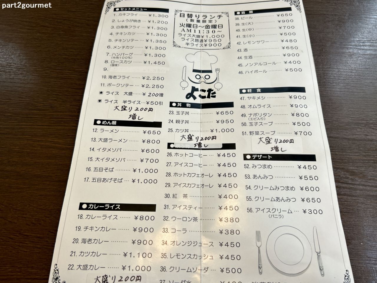 レストラン よこ た メニュー