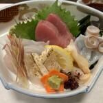 かすり - [上から時計廻りで]よこわ,水だこ,ばい貝,皮ハギ,赤水<ｱｺｳ>