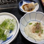 生蕎麦処 お福食堂 - 3種の薬味 山芋のとろろ 蕎麦団子串刺し
