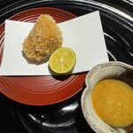 石葉 - 強肴）大中寺おかき揚げ　酢橘　辛子黄身醤油