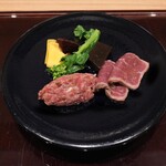 肉料理ふくなが - 前菜　ステーキアッシュ 　　　　かめのこあぶり 　　　　梅ゼリー 　　　　菜の花 　　　　ビーツ 　　　　コリン（生で食べれるかぼちゃ漬物）
