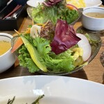 喫茶キャンディラップ - 色鮮やかな新鮮野菜たっぷりのサラダ。右側にちょこっと見えるカレー味のマカロニが絶品