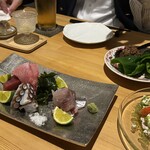 酒肴結 さかぐち - ﾊﾟﾘﾊﾟﾘピーマン肉味噌､造り3点盛り