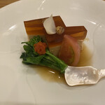 蕎麦割烹  倉田 - あん肝豆腐、ポン酢ジュレ、菜の花、百合根
