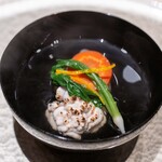 御料理 盈月 - 2024.12 焼き雲子（真鱈の白子）源助大根 盈月人参 鶯菜