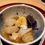 銀座 しのはら - 白子の天婦羅はソース代わりに潰して