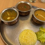 やっぱりインディア - 3色カレーセット 豆となすカレー、ポークチリキーマカレー、ジンジャーチキンカレー