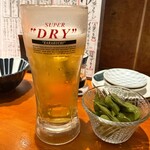 お魚スタンドゆうじ - 生ビールとつきだしの枝豆