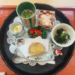 277131147 - ①【先付：八寸】
                        ・雲子蒸し+蕪の摺流し+菊芋
                        ・白菜と松山揚げの煮浸し、鰹節のせ
                        ・牡蠣+エリンギのオイル煮、瀬戸内アオサのせ
                        ・自家製湯葉+アボガド
                        ・焼き芋の天ぷら