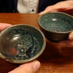 おてちきや - 芋焼酎で乾杯 前割りを温めて飲む