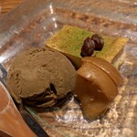 粋月 - ⑨粋月の手作りデザート
      ほうじ茶アイス、バスクチーズの抹茶添え、アップルシナモン
