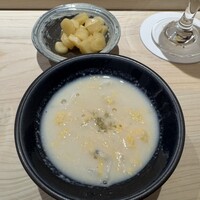 鮨 西崎 - 豆乳と鰹出汁、シラウオ