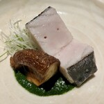 日本料理FUJI - 活け〆の鰆・椎茸(玉取茸)、春菊と土佐酢のソース