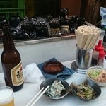 Yakitori Ebisu - 春菊白和え、茗荷春雨、煮込み豆腐