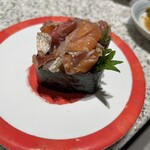 すし清次郎  - 海鮮塩麹軍艦154円。色んな魚の端っこの部分とかを塩麹で味付けしたお得な軍艦