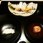  向付　鯛、タイラギ　トマト、平このわた