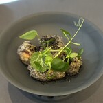 プレゼンテ スギ - ⑩森の地面（ユキノシタ、ハコベ、スナップエンドウの新芽、ヤマドリタケのフリット、ブラックオリーブ）