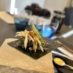 プレゼンテ スギ - ⑭杉寿司 TYPE-R（黒鮑千切り、ペスカトーレ、オリーブオイルいくら、マスタードの新芽、肝リゾット、自家製アールグレイビネガー、ヤマドリタケのフリット）