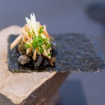 プレゼンテ スギ - 2024.12 杉寿司 TYPE-R（黒鮑千切り、ペスカトーレ、オリーブオイルいくら、マスタードの新芽、肝リゾット、自家製アールグレイビネガー、ヤマドリタケのフリット）