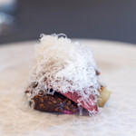 プレゼンテ スギ - 2024.12 降り立った鴨（千葉産マガモ、サワークリームとビーツのソース、赤ワインとピーナッツのみそピー仕立てソース、鴨脂でソテーした長葱、ペコリーノチーズ）