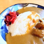 やぶ善 - "メロン型ライス"の横には、真っ赤な"福神漬"が添えられています。