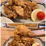 小料理 つばめ - 大きな鶏ももの唐揚げに…
まずはレモンを絞っていただきますと…
さっくりジューシーで柔らか〜♡(*´Д｀*)
ニンニク風味でとても美味しいです！(*´◊`*)