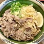 とよ香 - お肉もりもりで下のおうどんが見えません。パンチきいてて素敵です。青ネギも美味し！