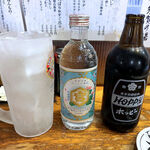 須賀乃湯 - ホッピー瓶（黒） 330円＋金宮焼酎25度（300ml 850円）