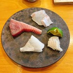 小判寿司 - お造り　クエ、カツオ、真鯛、つぶ貝